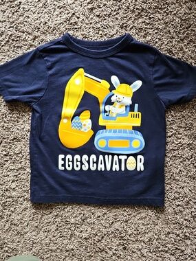 EUC The Children's Place Navy Blue Eggscavator Easter Bunny Graphic Tee Size 2T